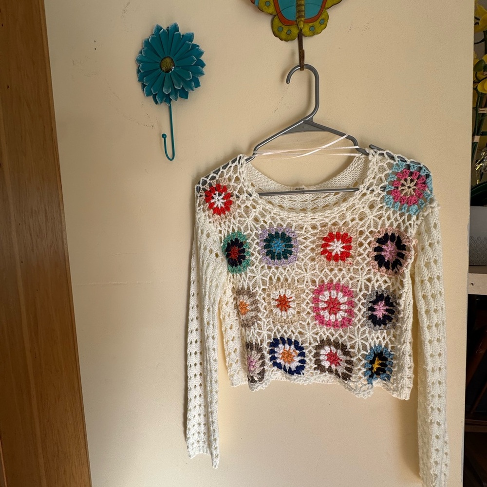 Vintage debut Cream Crochet Openwork Sweater with Multicolor Floral Motifs